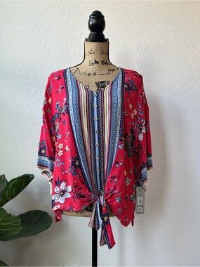 NWT Ali Miles Textured Floral Print Red Blouse Size Petite PXL